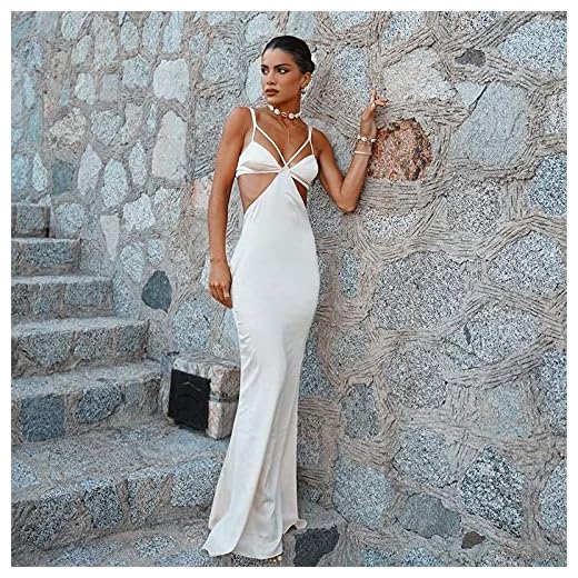 QXXKJDS Djup V-hals Ihålig Ut Baklösa Satin Maxi Klänning Sommar Kvinnor Ärmlös Spaghetti Strap Vit Mermaid Dress Beach Dresses (Color : White, Size : M)