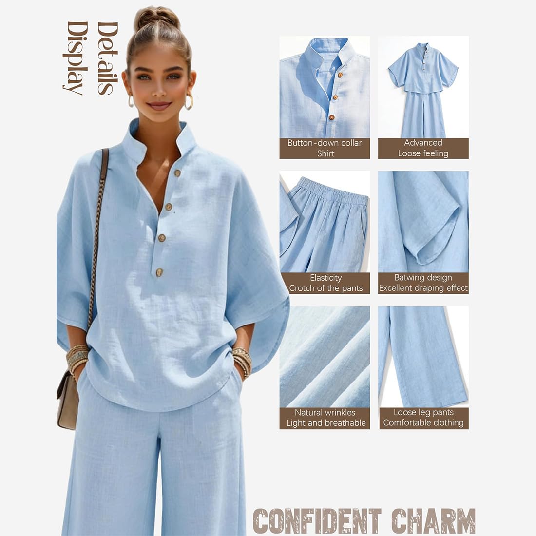 Set de Dos Piezas Verano Mujer Casual Conjunto de Vacaciones Lounge Set de Algodón Estilo Lino Ligero con Mangas Murciélago Cómodo
