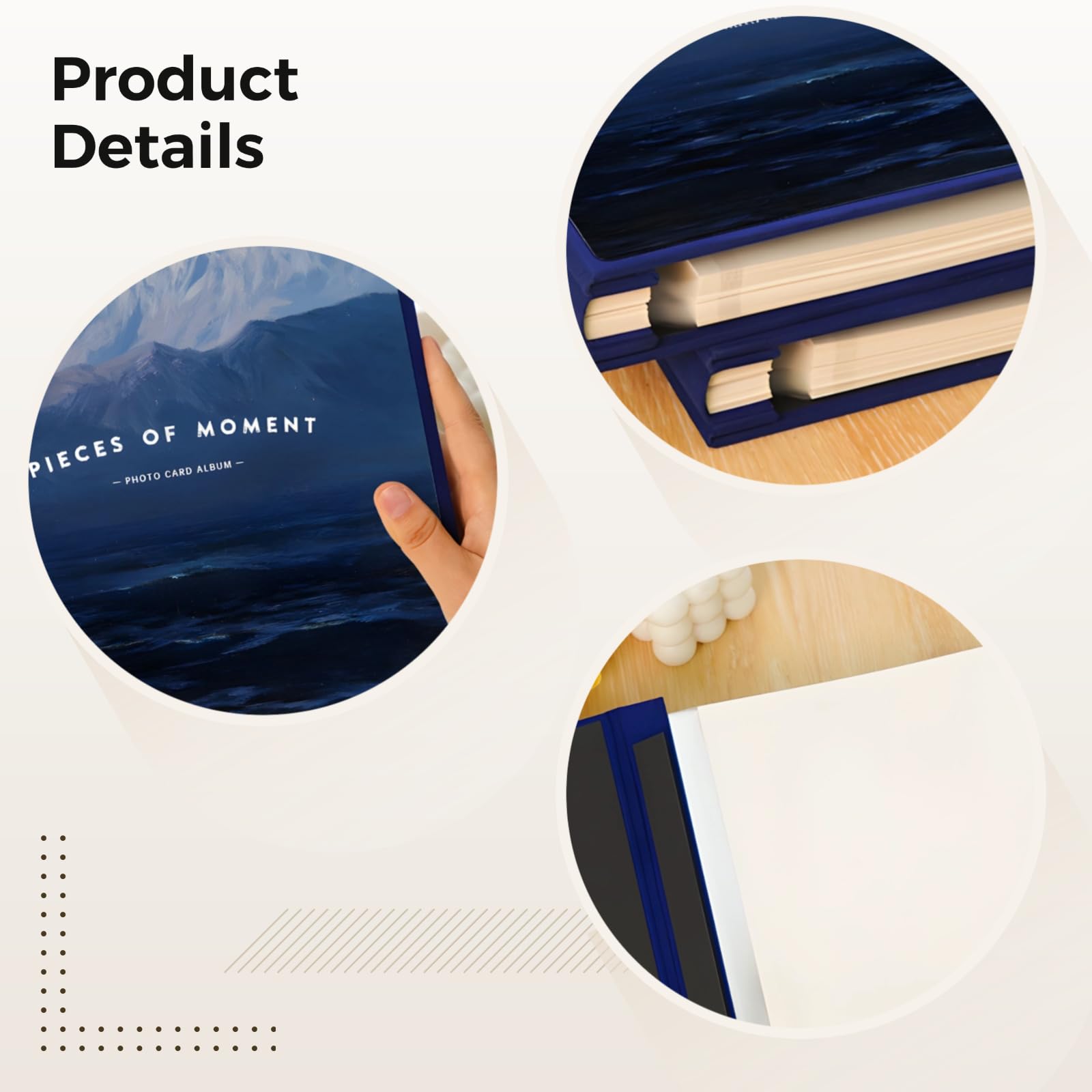 1 álbum de fotos encuadernado en cuero, gran capacidad de 60 páginas, ventana de visualización personalizable, diseño "PIECES OF MOMENT", elegante azul oscuro, para fotos de 5 x 7 y 6 x 8, para