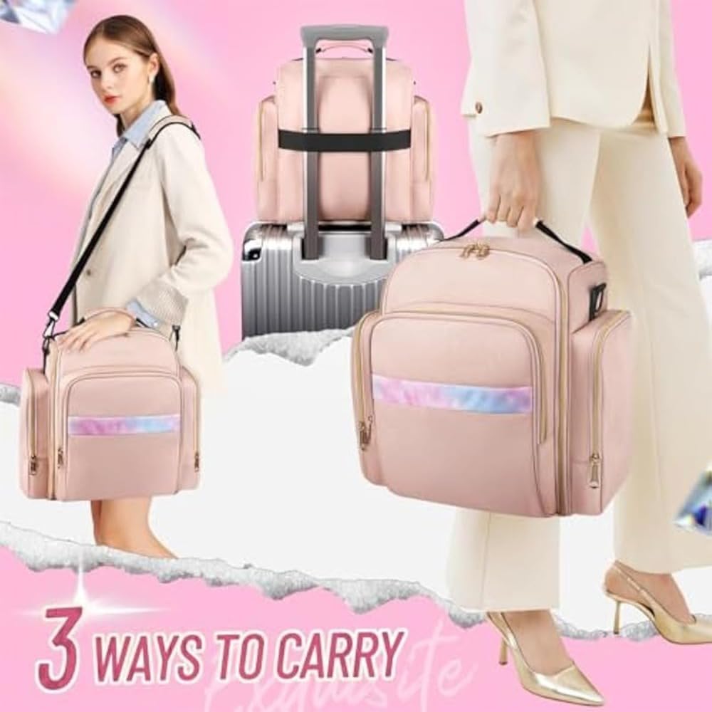 Mochila de maquillaje de viaje, rosa, con 5 fundas extraíbles, bolsas grandes y pequeñas, organizador de joyas, 33 x 31 x 22 cm