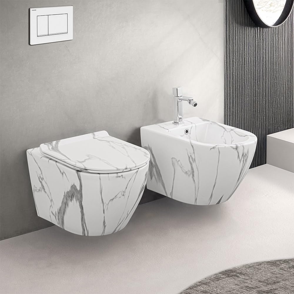 Set Sanitari Sospesi Rimless Ceramica Effetto Marmorizzato Bianco Linea Tokyo L 36 x P 55 x H 33 cm Sedile Soft-Close
