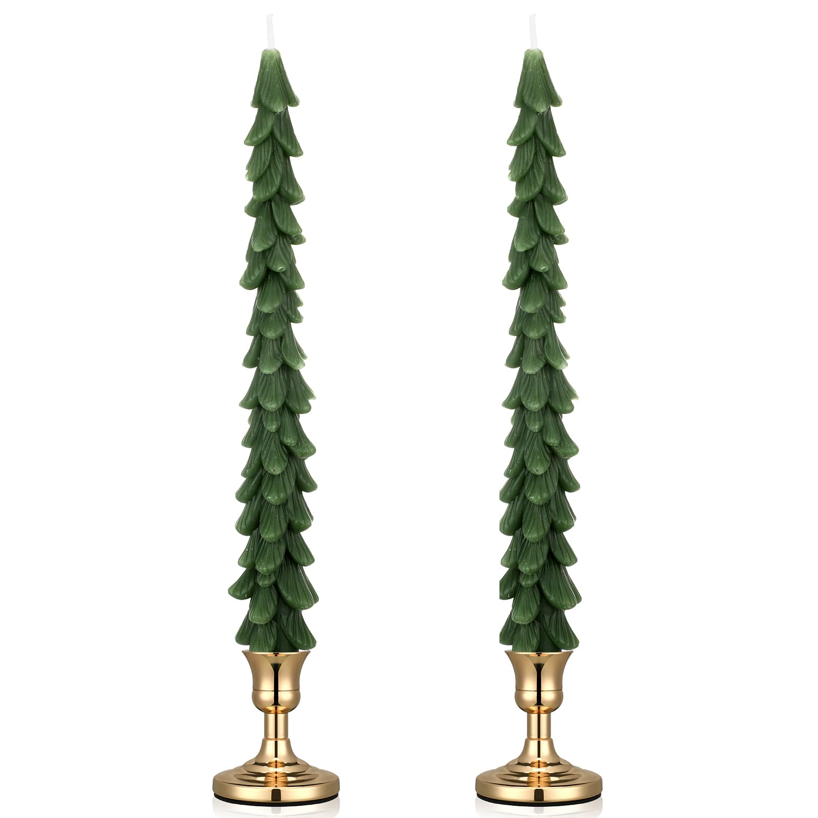 Conelist Christmas Tree Candles with Candle Holder Christmas Tree Shaped Taper Candles Christmas Decorative Candles Holiday Gifts for Women with Brass Candlestick Holder Centerpieces (2 Set,Classic)
