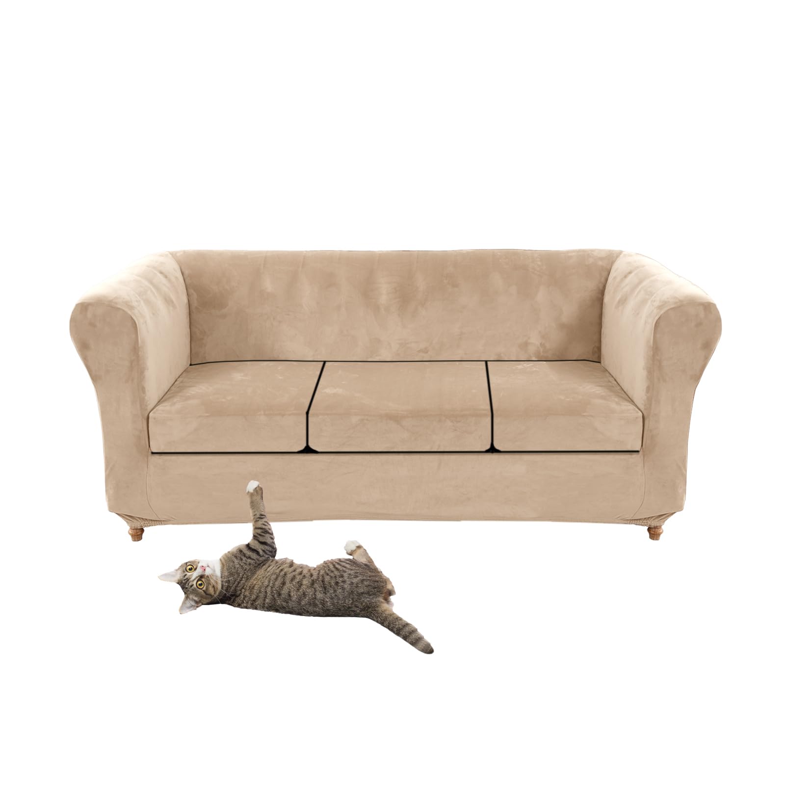 Stretch Velvet Chesterfield Sofa Cover Couch Cover with Seat Cushion for Curved Chaise Armchair Vintage Style (Khaki Sofa + 3 Large Seats)