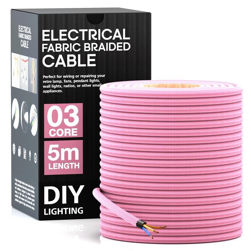 LEDSone 3 Core Round 5 Meter Shiny Pink Fabric Braided Flex Lighting Cable, Vintage Electrical Cable Wire Flexible Fabric DIY Electrical Wire for Lamps, Flex Cables for Appliances (Shiny Pink)