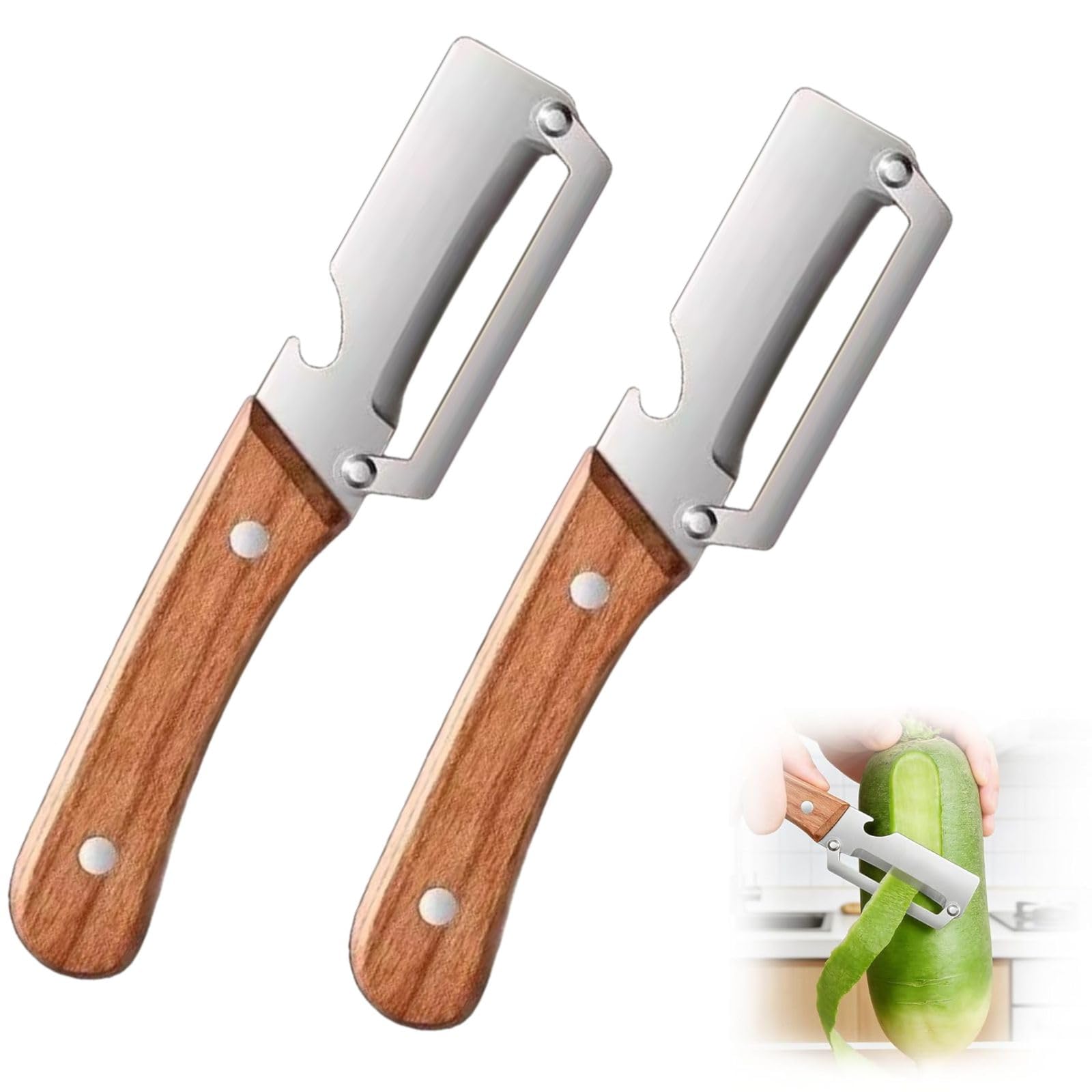 Photo 1 of 2PCS Multi-Functional Vegetable Peeler for Kitchen, Premium Vegetable Peeler with Wooden Handle and Bottle Opener, Multifunctional Vegetable Peelers Stainless Steel Blade Kitchen Tool