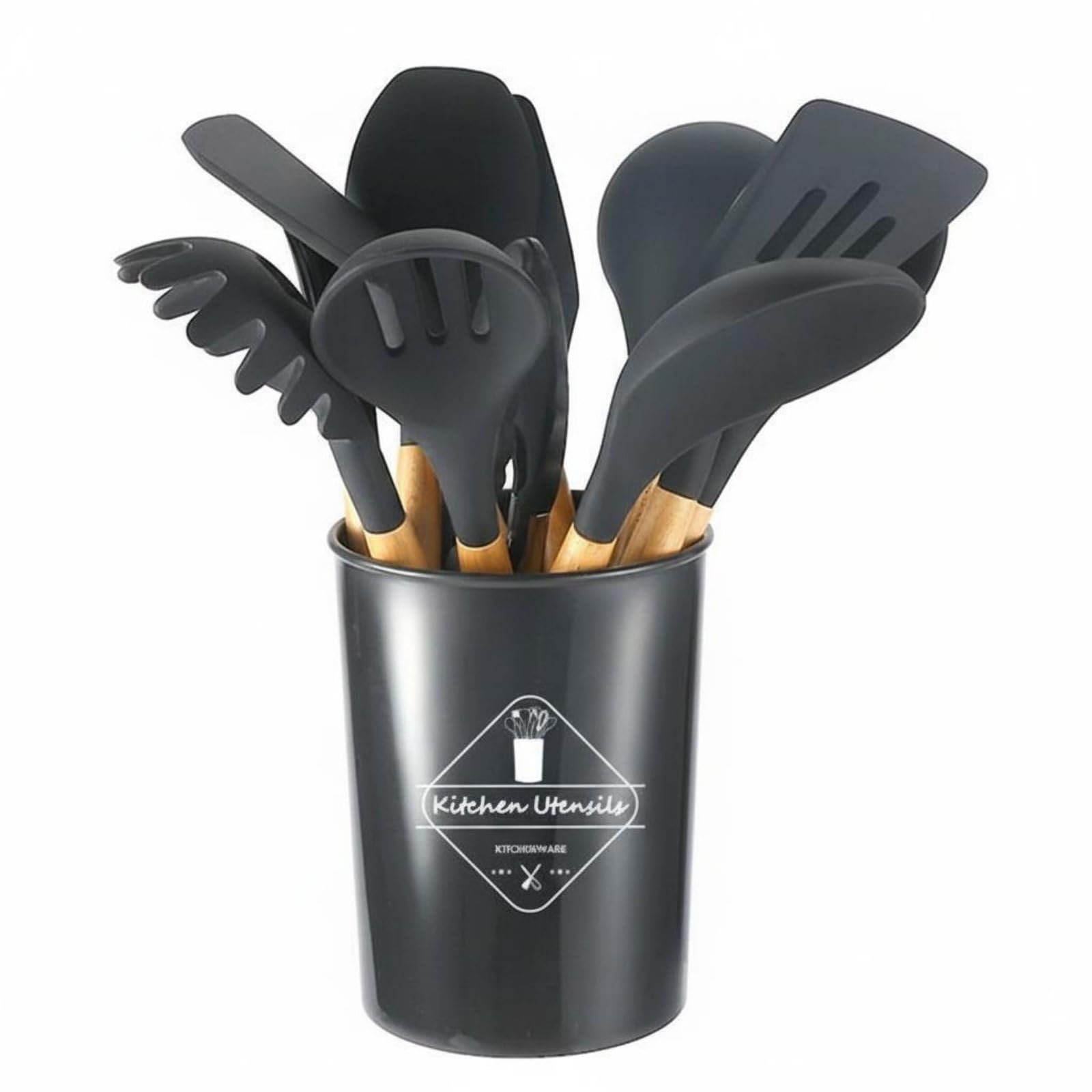 Silicone Kitchen Utensil Set Kit Utensili Cucina Spatola Frusta Cucchiaio con Contenitore Coordinato in Silicone Resistente al Calore E Manici, Dark Gray