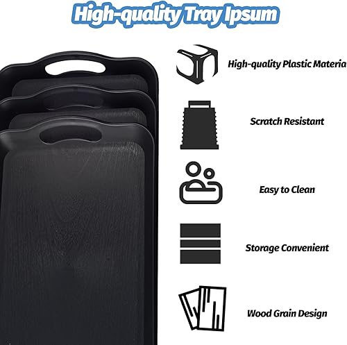 Miniatura 4 de LEEHOWA Juego de 3 bandejas de plástico de 16 pulgadas con asas, bandejas de desayuno y asas, juego de restaurante para alimentos, bandeja