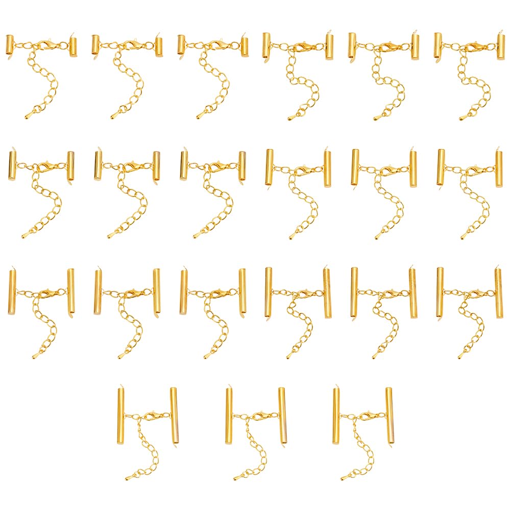 21Pcs 7 Sizes Extension Chain Design Slide on End Clasps Slide on End Buckles with Lobster Claw Iron Tube Slider Crimp Cord Ends Golden Slider End Caps Connectors for DIY Accessories