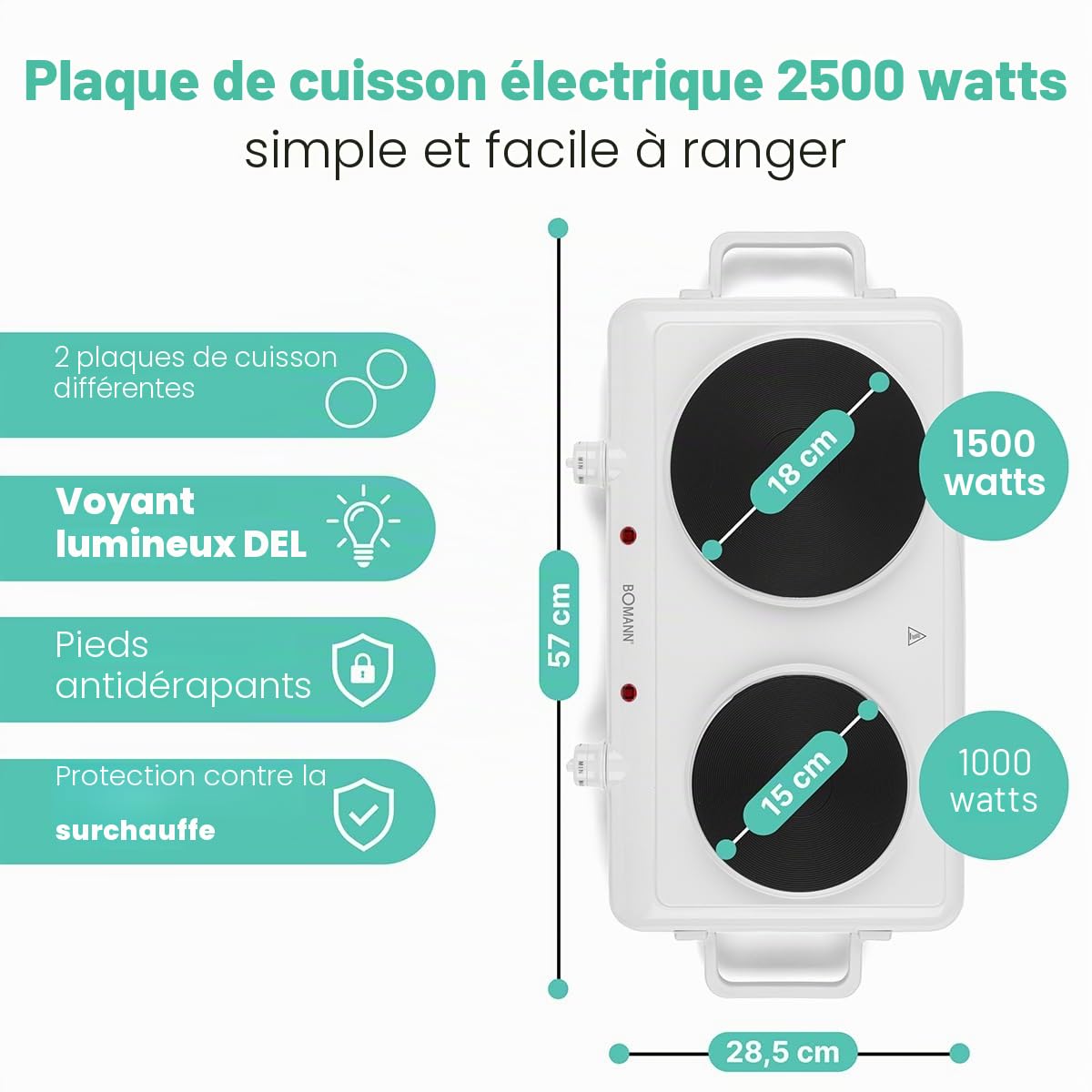 Bomann Double Hob 2500 W DKP 5028 CB, 2 Burners, White | 2 burners, continuously variable thermostats, heat resistant finish, control lights, easy to clean