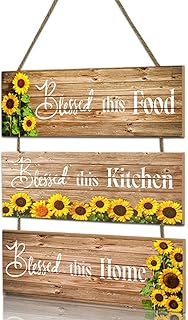 3 in 1 Wooden Hanging Sign 30cm Large Kitchen Signs Wall Decor with Rope for Home Decoration Rustic Door Sunflowers Plaque Accessory Gift Bless this food Bless this kitchen Bless this home Saying