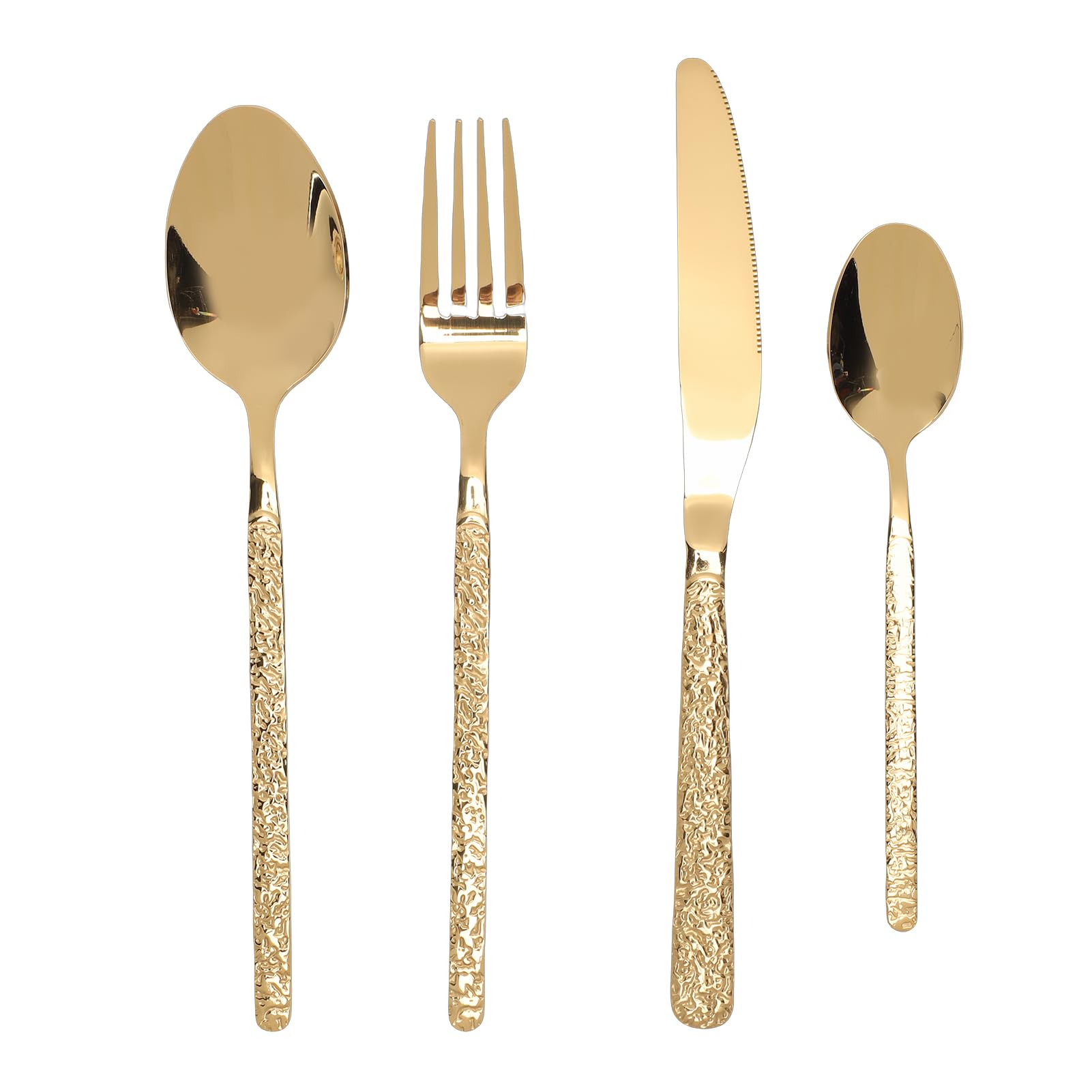 Acouto Juego de Cubiertos de Acero Inoxidable Martillado para 6 Personas, Utensilios de Cubiertos Vintage, Juego de Comedor de 24 Piezas para Boda en Restaurante en Casa (Patrón De Piedra Oro)