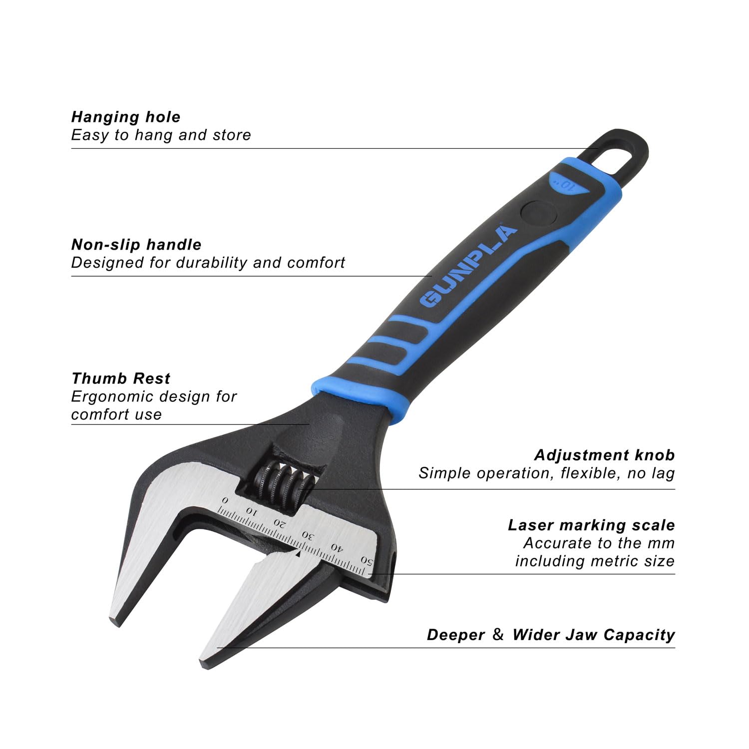 Gunpla Adjustable Wrenches Wide Jaw - Heavy Duty Tool with Deep Jaws for Mechanics Plumbers, DIY, Black+blue, 10-inch/254mm - Image 4