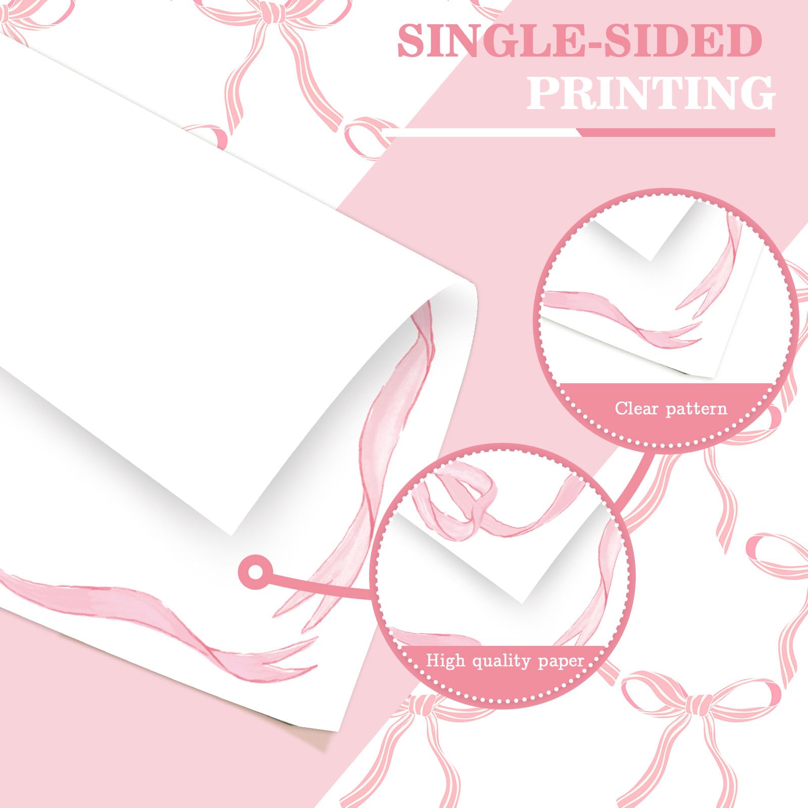 Papel De Regalo Rosa Con Lazos - 10 Hojas Planas 19.7x27.6", Para Manualidades, Fiestas Y Envolver Regalos