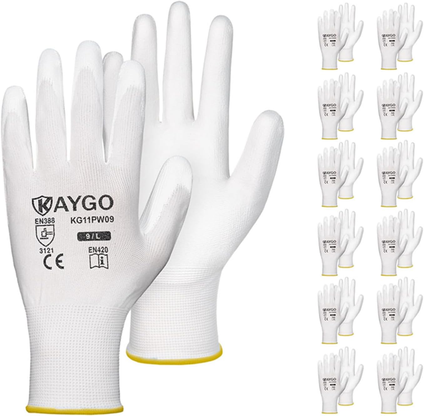 Safety Work Gloves PU Coated12 Pairs,KAYGO KG11PB, Seamless Knit Glove