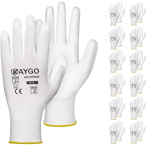 KAYGO Work Gloves for Men and Women, 12 Pairs Seamless Knit PU Coated Safety Gloves, with Smooth Grip on Palm and Fingers, Ideal for Light Warehouse, Manufacturing, Gardening, KG11P (L, White)