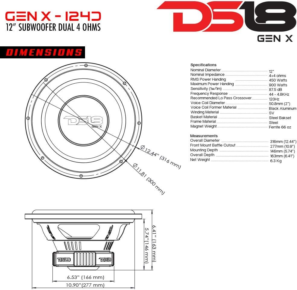 DS18 GEN-X124D Subwoofer in Black - 4 Layer Black Aluminum Voice Coil, 12", 900W Max Power, 450W RMS, Dual 4 Ohms - Powerful Car Audio Bass Speaker (1 Speaker)