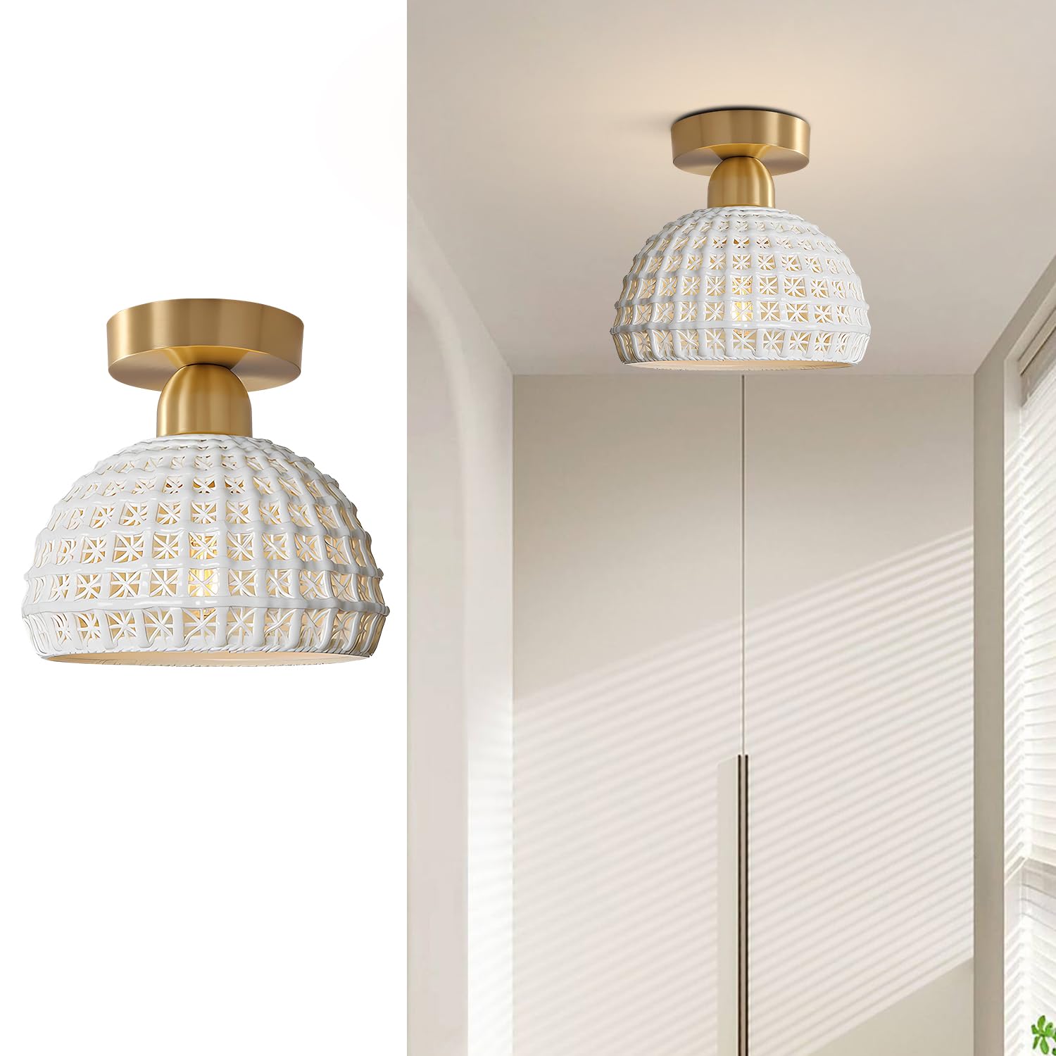 Fulesi Modern Ceramic Ceiling Light White Semi Flush Mount Ceiling Light Fixture Vintage Brass Close to Ceiling Light Mid Century Hallway Light for