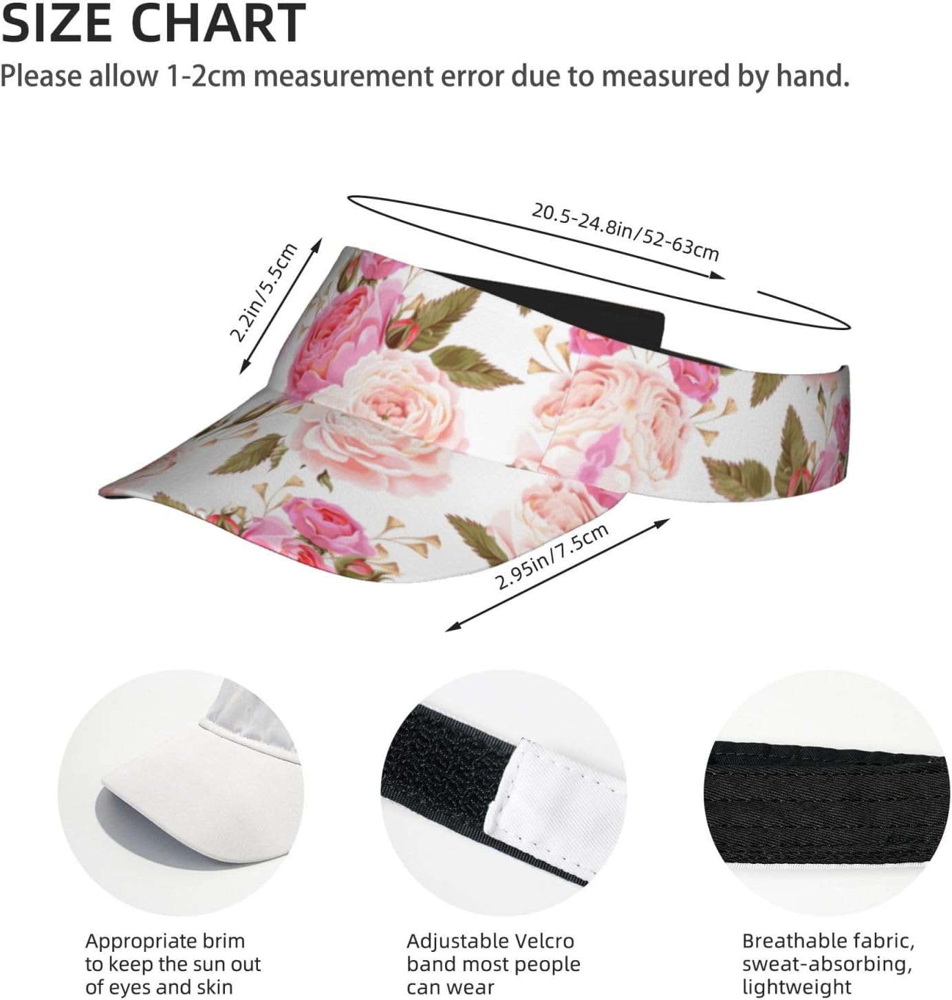 Floral Flower Rose Pink Print Sports Sun Visor Hats,Adjustable Sun Caps for Men Women Adults Lightweight