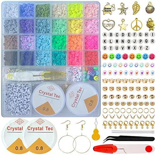iReaydo Clay Beads for Bracelet Making, Flat Round Polymer Clay Beads 6mm Spacer Heishi Beads with Pendant Charms Kit and Elastic Strings for Jewelry Making Kit