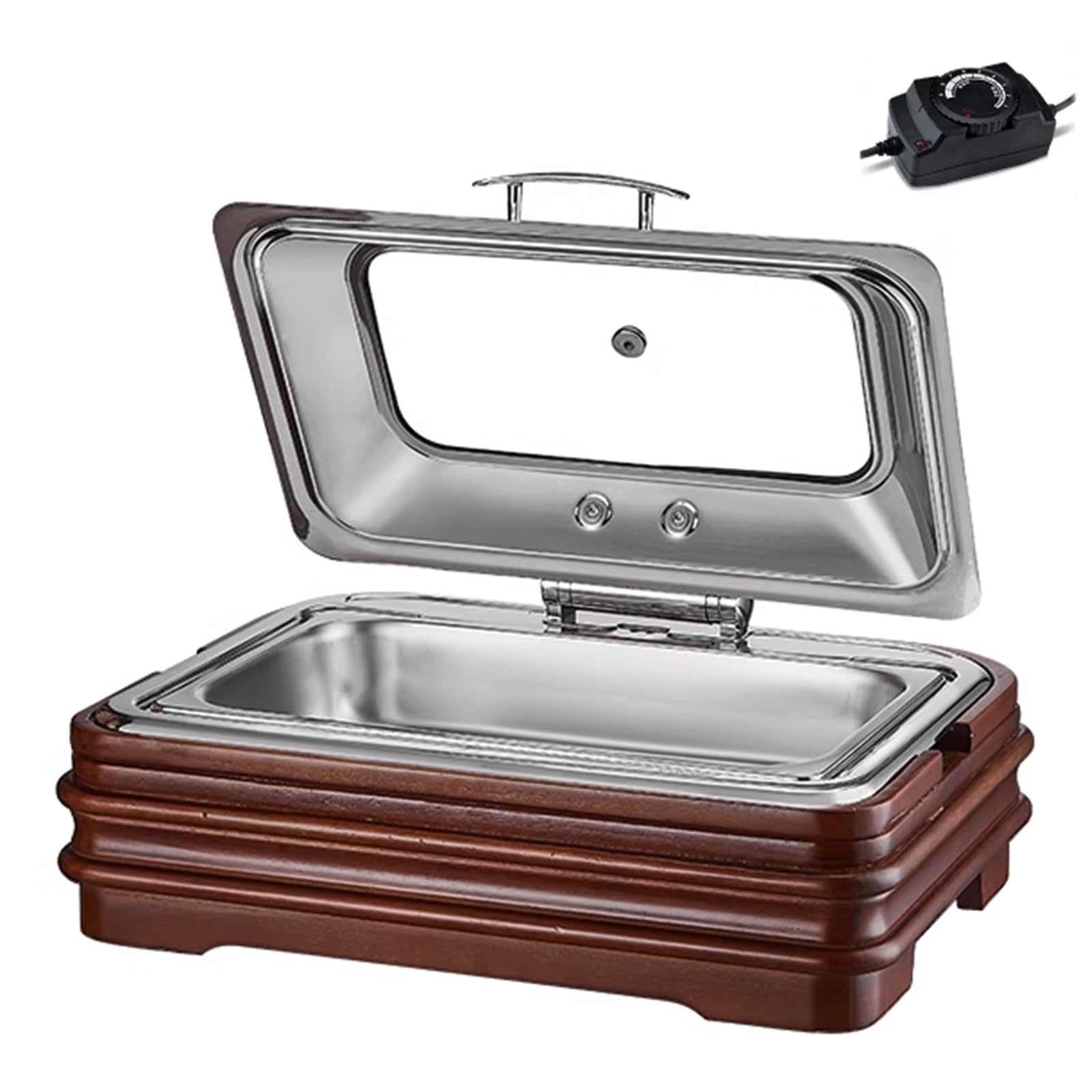 Scaldavivande Buffet Elettrico Regolazione della Temperatura A più velocità, con Base in Legno di Teak e Coperchio in Vetro Trasparente per Catering, Buffet(13L/1)