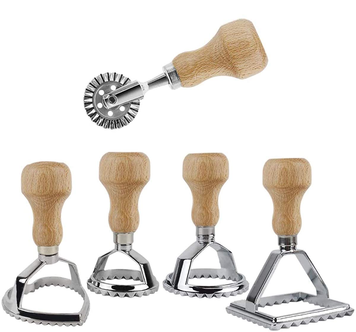 YNTT Ravioli Stamp Maker Cutter with Roller Wheel Set, Mold with Wooden Handle and Fluted Edge, Pasta Press Kitchen Attachment (5 Set)