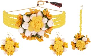 Efulgenz Indian Haldi Jewelry Beaded Faux Pearl Floral Flower Jewelry Choker Necklace Earrings Maang Tikka Set Handmade Jewelry for Women Haldi Mehandi Wedding Bridal Set
