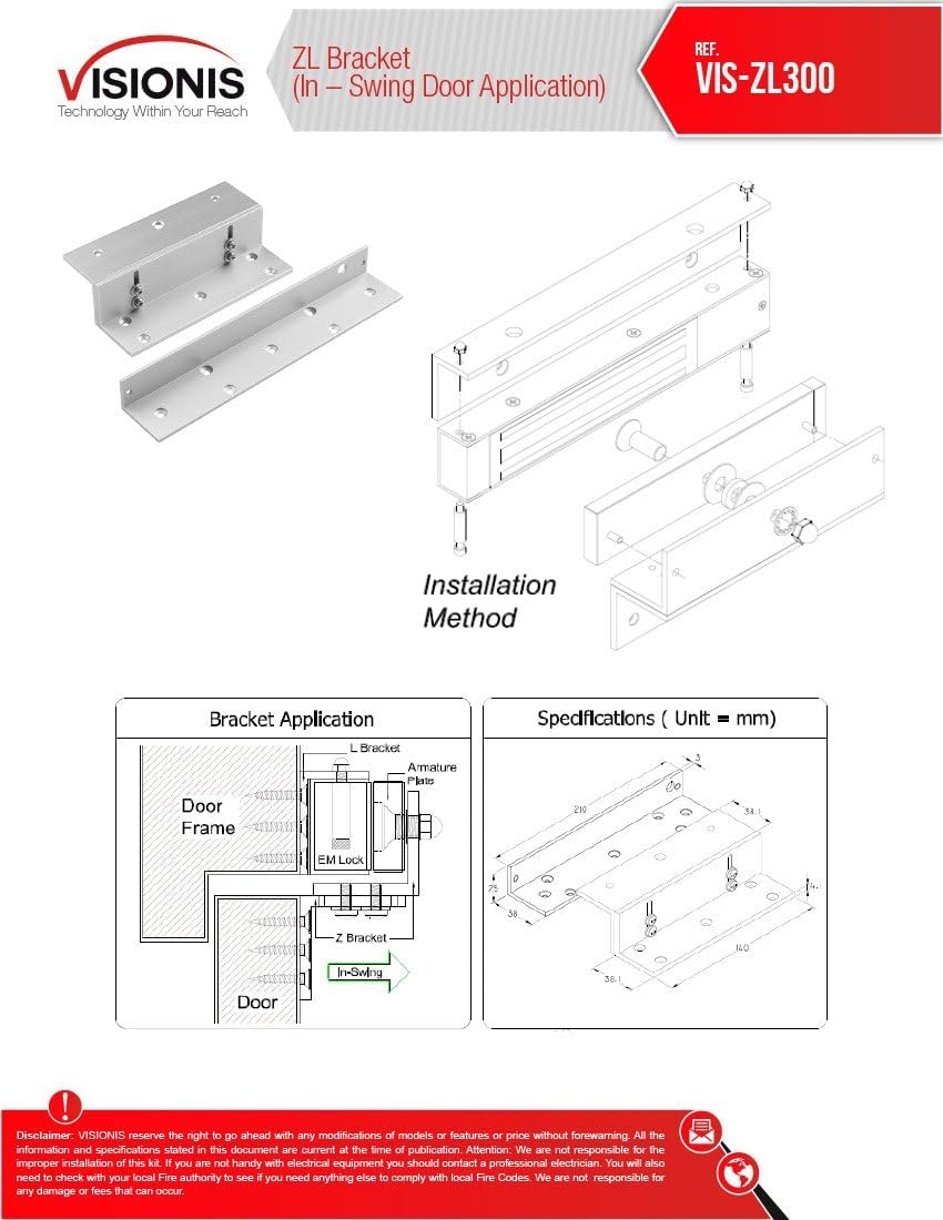 Installation diagram for VIS-ZL300 L and Z brackets for inswinging doors