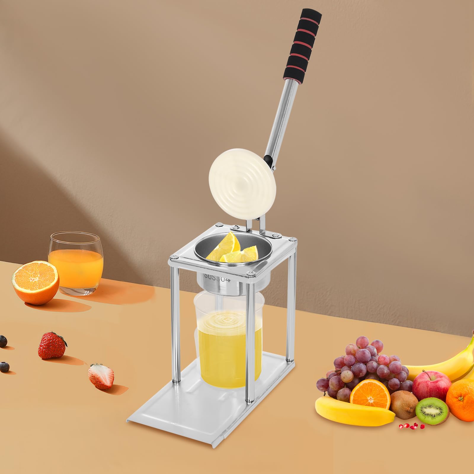 Spremiagrumi manuale in acciaio inox (SUS304) – spremiagrumi professionale con misurino da 500 ml, colino piatto e beccuccio extra grande per arance, limoni, melograni, facile da pulire