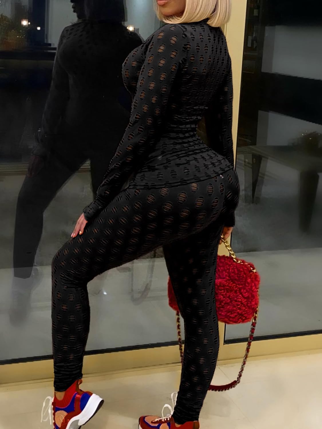 Mojessy Sexy 2 Piece Outfits for Women Clubwear Hollow Out Long Sleeve Crop Top Bodycon Pants Set Birthday Outfits - Image 8