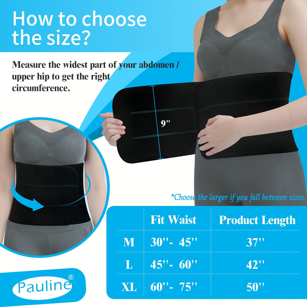 Pauline Soporte de compresión postoperatoria para abdominales | Banda abdominal para hernia y abdominoplastia | Suave, sin látex, transpirable - (30 - 45 pulgadas) 3 paneles - 9 pulgadas, color negro