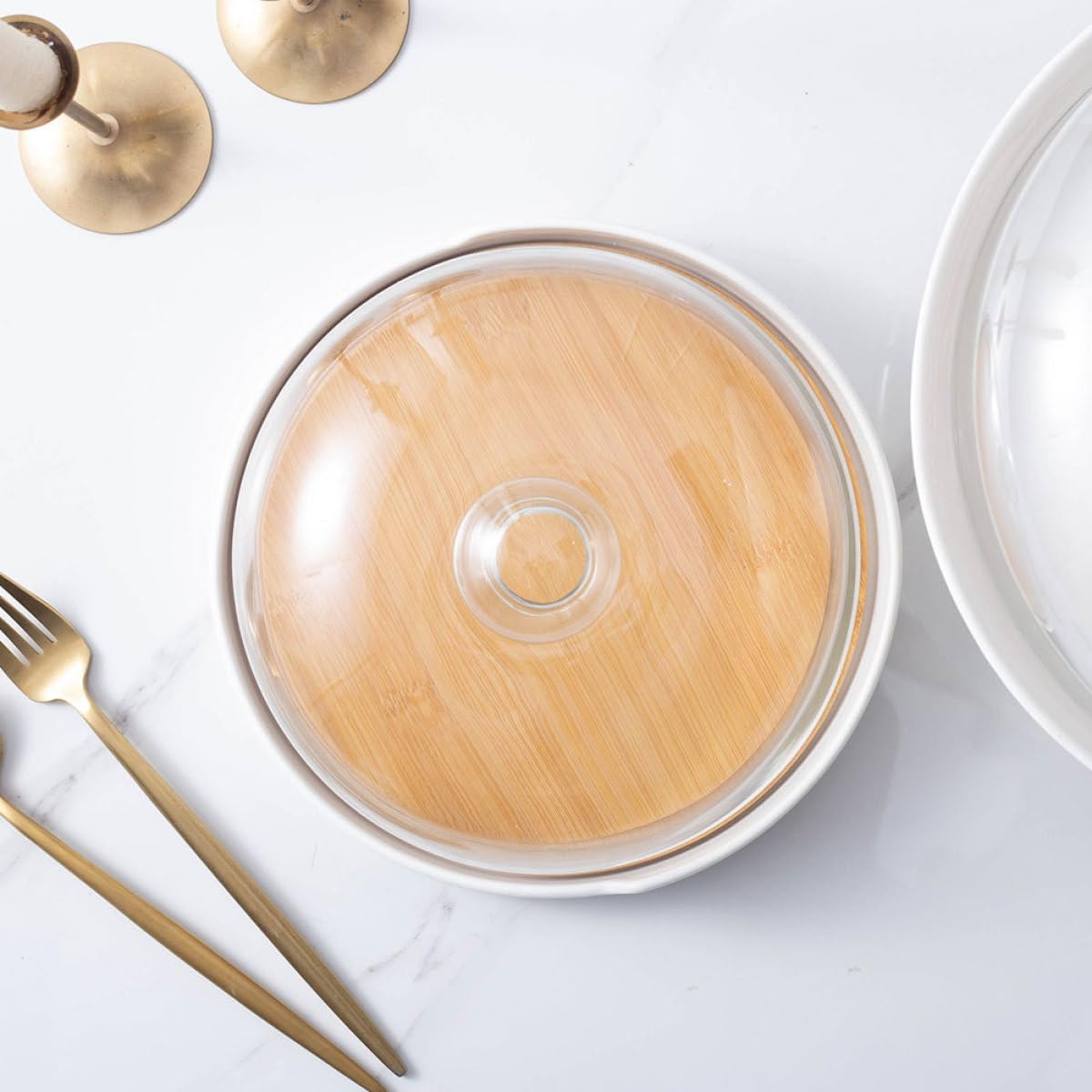 UKCOCO Bandeja para Tartas de Madera con Tapa de Cristal Transparente, Plato Giratorio para Postres, Soporte para Pastelería y Repostería en Hogar y Cocina