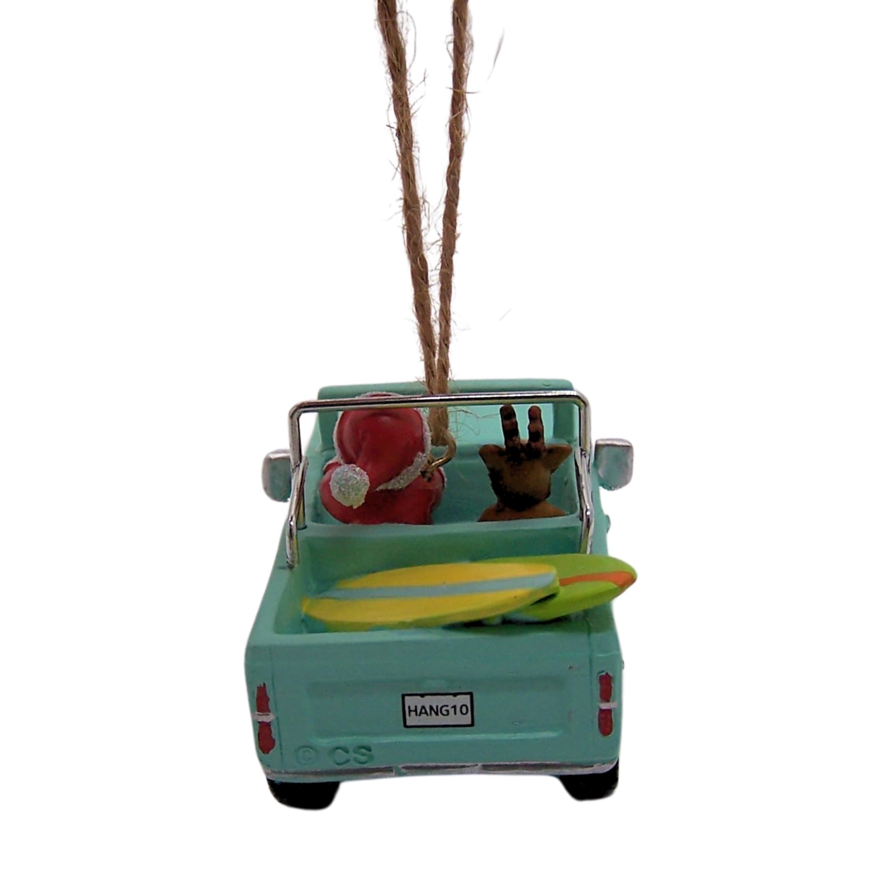Resin Santa and Reindeer in Scout Car with Surfboards Christmas Tree Ornament, Hanging Festive Ornament, Festive Decor, 2 Inches