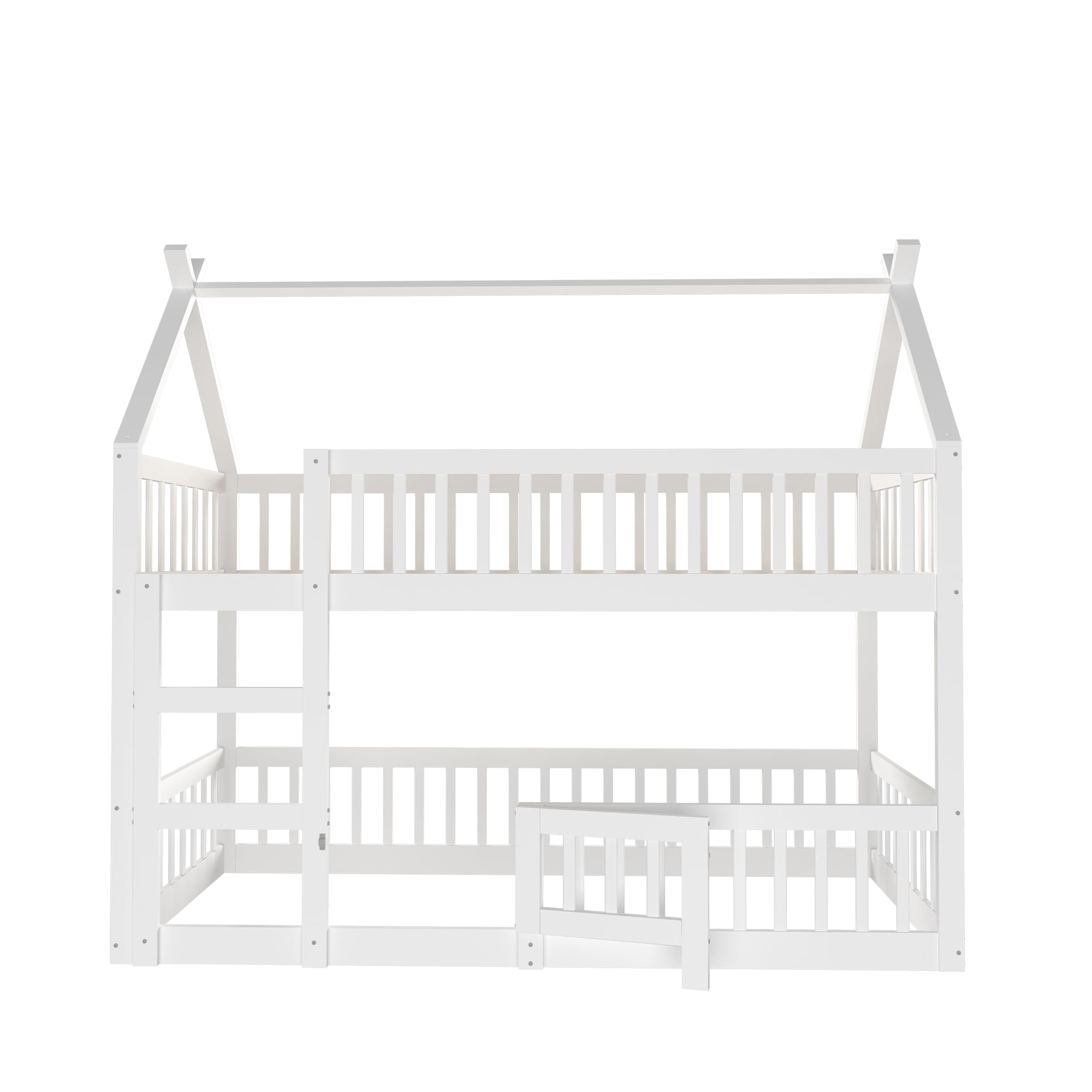Etagenbett für 2 Kinder, 90x200 cm Kinderbett Bodenbett Hausbett mit Rausfallschutz und Lattenrost,Vollschutzgitter und Türen, Massivholz Doppelbett Stockbett Gitterbett Jugendbett,Ohne Matratze,Weiß