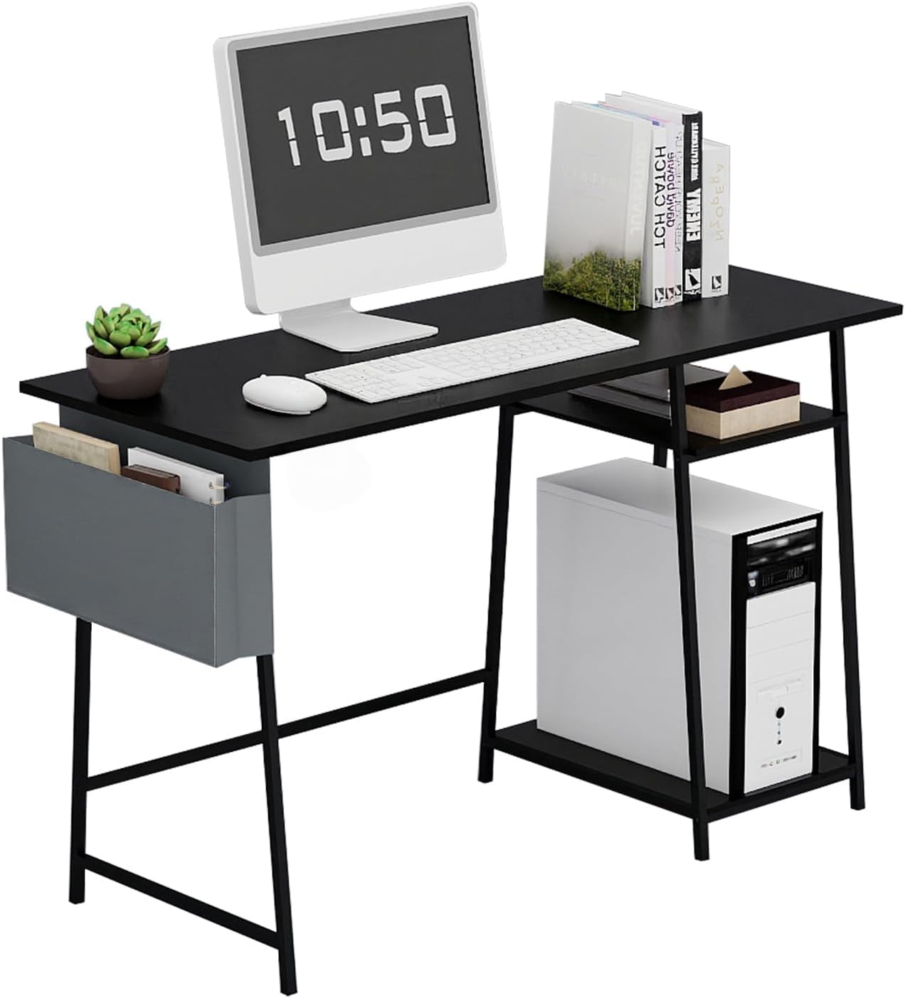BAKLAM Small Computer Desk, 80cm Bureau de Travail with 2 Tier Shelves, Gaming Study Table, Wood Dressing Desks with Metal Frame, for Bedroom, Livingroom, Office Black
