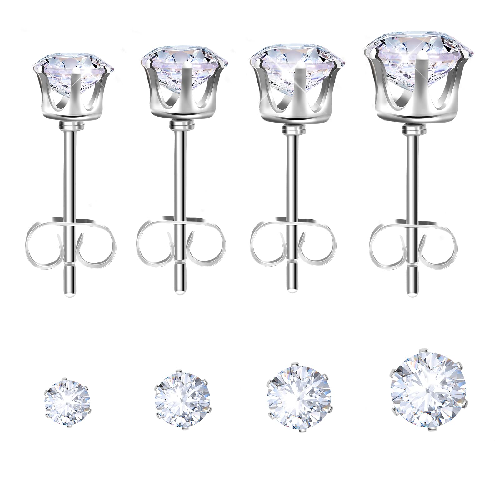 4 Pairs Cubic Zirconia Stud Earring Set Silver Earrings Sleeper Cartilage Earrings for Women Men 3A Cubic Zirconia Size 3/4/5/6mm