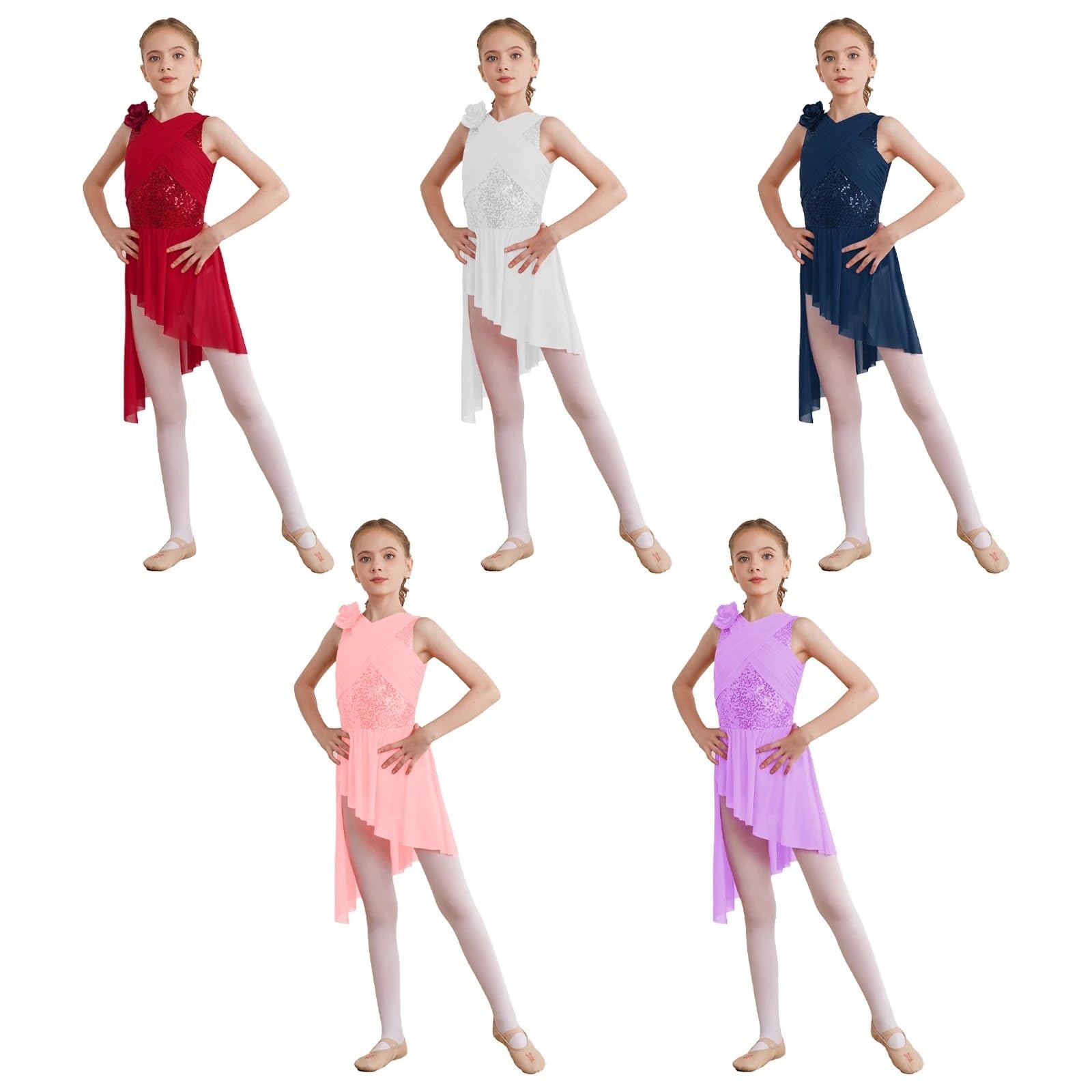 Disfraz Gimnasta NiñA Traje de Baile lírico con Lentejuelas for niñas, Vestido de Malla Transparente superpuesta, Vestido de Gimnasia, Patinaje artístico, Baile Latino, cha-cha, vals(Pink,12)