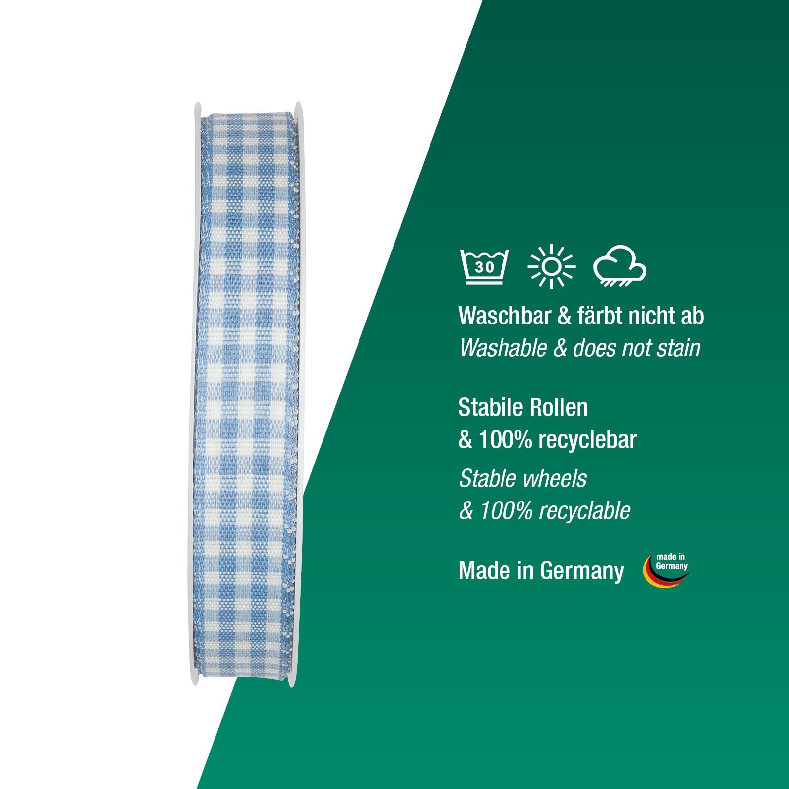 Halbach Nastro Regalo A Quadri Vichy Azzurro - 15 Mm X 25 M, Prodotto In Germania, Qualità Premium
