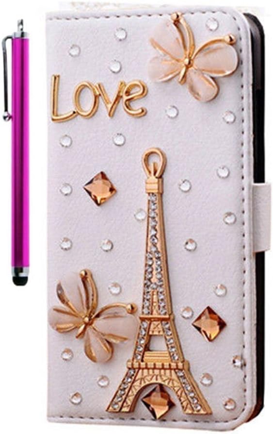 Aenmil(TM) Handmade 3D Bling PU Leather Wallet for Apple iphone 5C Rhinestone Design Diamond Case Cover and Free Gift Pink Touch Pen (Love Eiffel Tower)