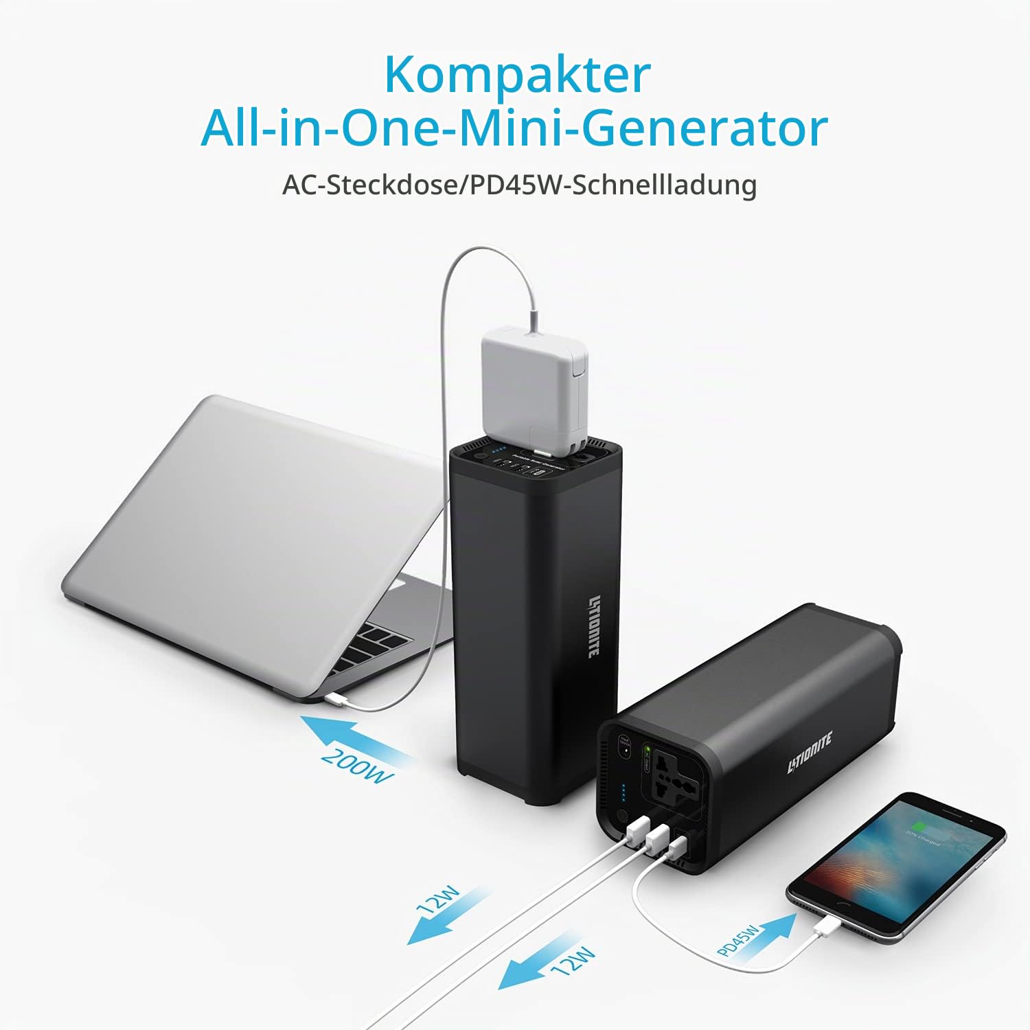 LITIONITE Hurakan 200W / 46.400mAh Powerbank Externer Akku Batterie Tragbarer Mini-Generator - 1x Steckdose 220V - 1x PD USB-C - Ladegerät für Laptop/Elektroroller/LED/Drohne/CPAP/MacBook/PC