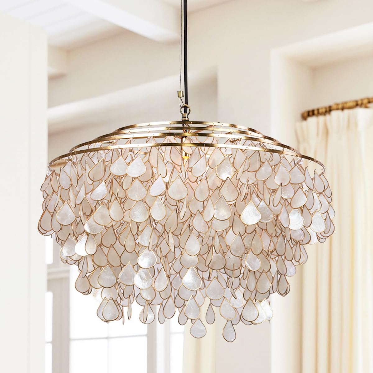 Handcrafted Capiz Shell Teardrop Chandelier with Brass Frame - Elegant Natural Capiz Modern Lighting Fixture for Living Room, Dining Room, Bedroom,