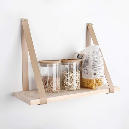 Miniatura 4 de Repisas de madera sostenidas por tiras de piel estante de madera flotantes decoración del hogar cocina sala dormitorio