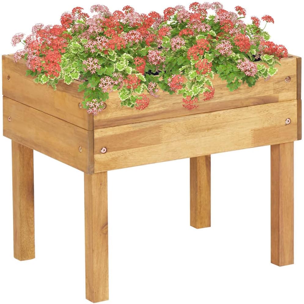 Raised Garden Planter 50 x 40 x 45 cm Solid Acacia Wood Outdoor Herb Flower Box with Oil Finish Easy Assembly for Patio Balcony and Lawn