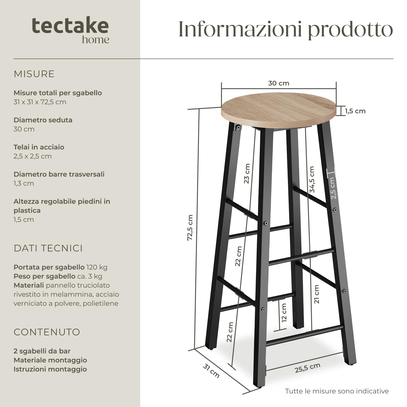 tectake® 2 Sgabelli bar 31x31x72,5cm, Sgabelli cucina stile industriale, Sedie bar con poggiapiedi effetto legno, Arredo Cucina, Sala da pranzo, Ufficio, Hotel, Penisola, Bancone - Legno Chiaro