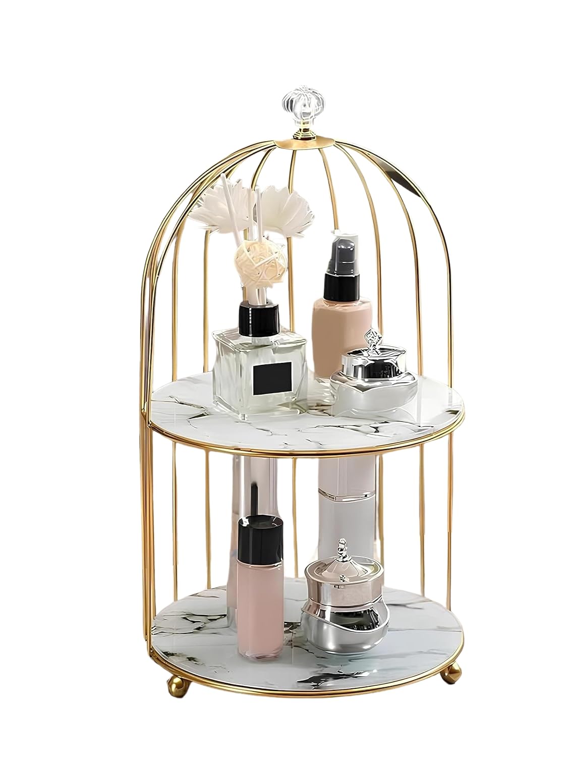 Handcrafted 2 Tier Cylindrical Vanity Organizer Stand for Countertop | Decorative Birdcage Style Skincare & Makeup Storage Rack | Metal Dressing Table Display Shelf | White | 40 x 20 cm-image-22