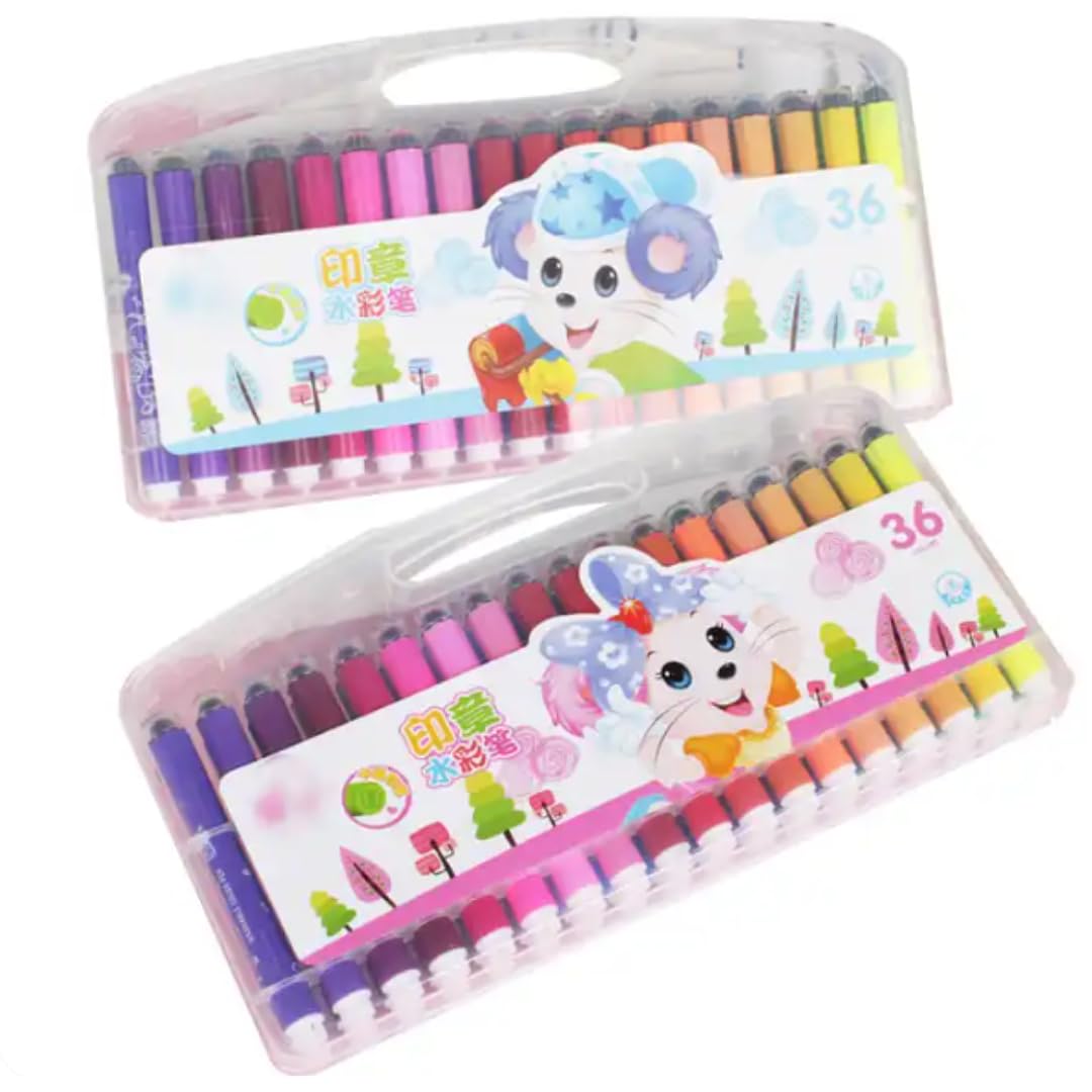 Watercolour pen set for children and adults, 36 and 18 piece colours in plastic box, including vibrant, plastic, Bright and fluorescent colour markers. (18 Peice Variety-2)