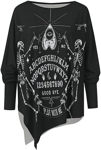 Miniatura 7 de Black Gothic Skeleton Magic Witch Ouija Board Women's Casual Long Sleeve T-Shirts Irregular Hem Tunics Tops for Leggings
