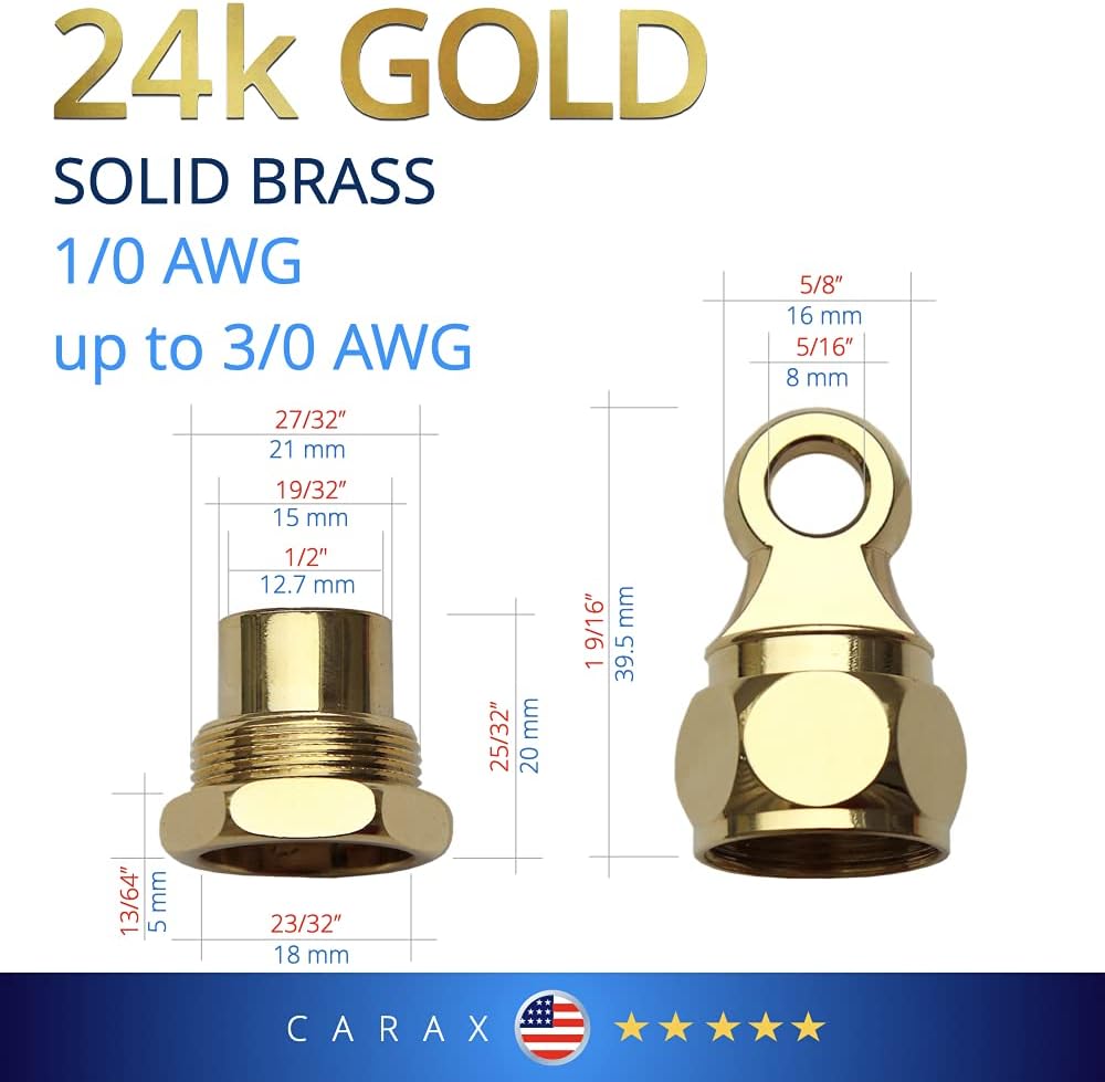 CARAX Ring Terminals Connectors - Compression Style Eyelets - Copper Alloy - Solid Brass/Gold Plated - Heavy Duty Marine Wire Lugs - 1/0 AWG up to 3/0 AWG Gauge Cable