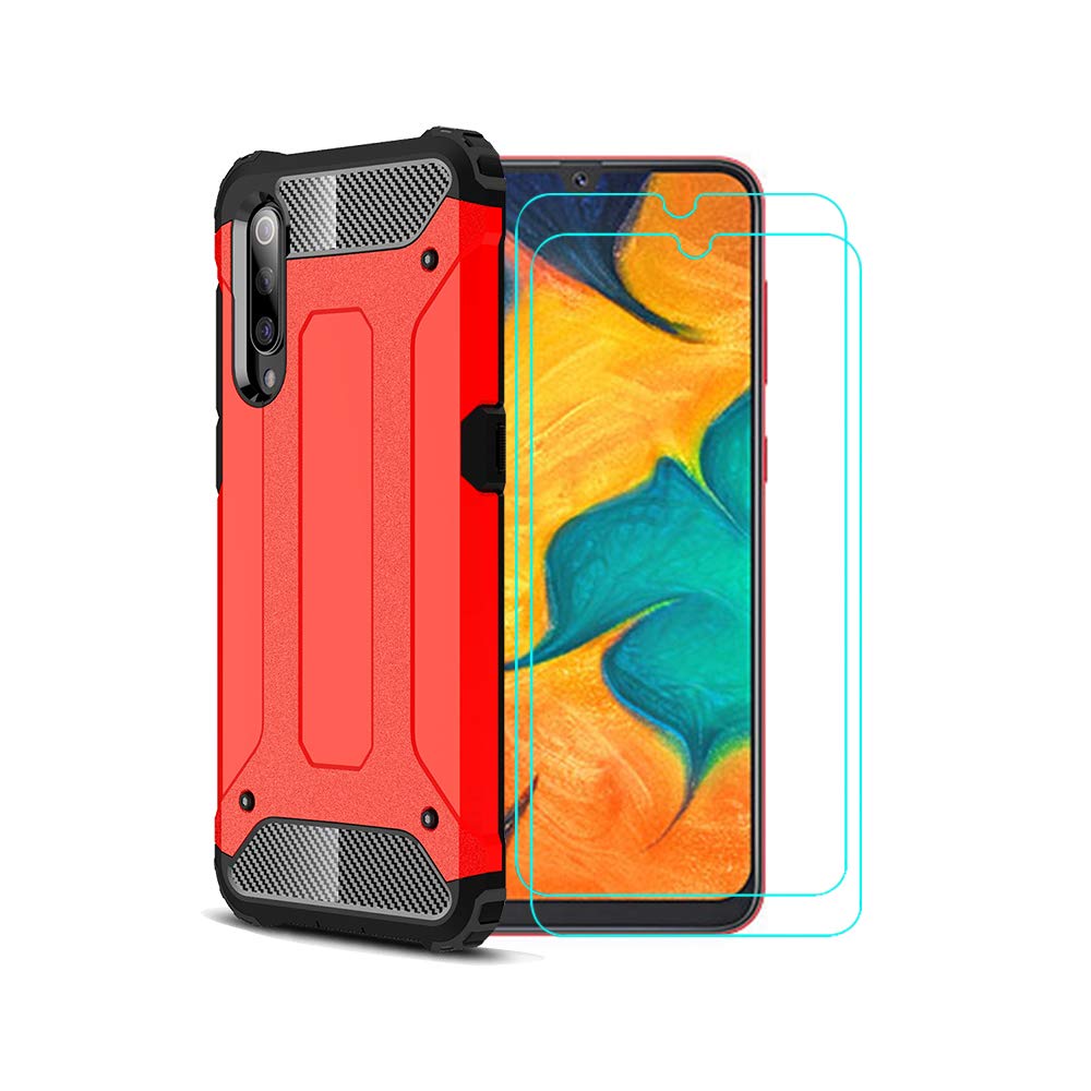 TANYO Case+2 Pack 9H Transparent Tempered Glass Screen Protector Suitable for Samsung Galaxy A70, TPU/PC 2-in-1 Shockproof Sturdy and Durable Fashion Ultra-Thin Protective Case, Red