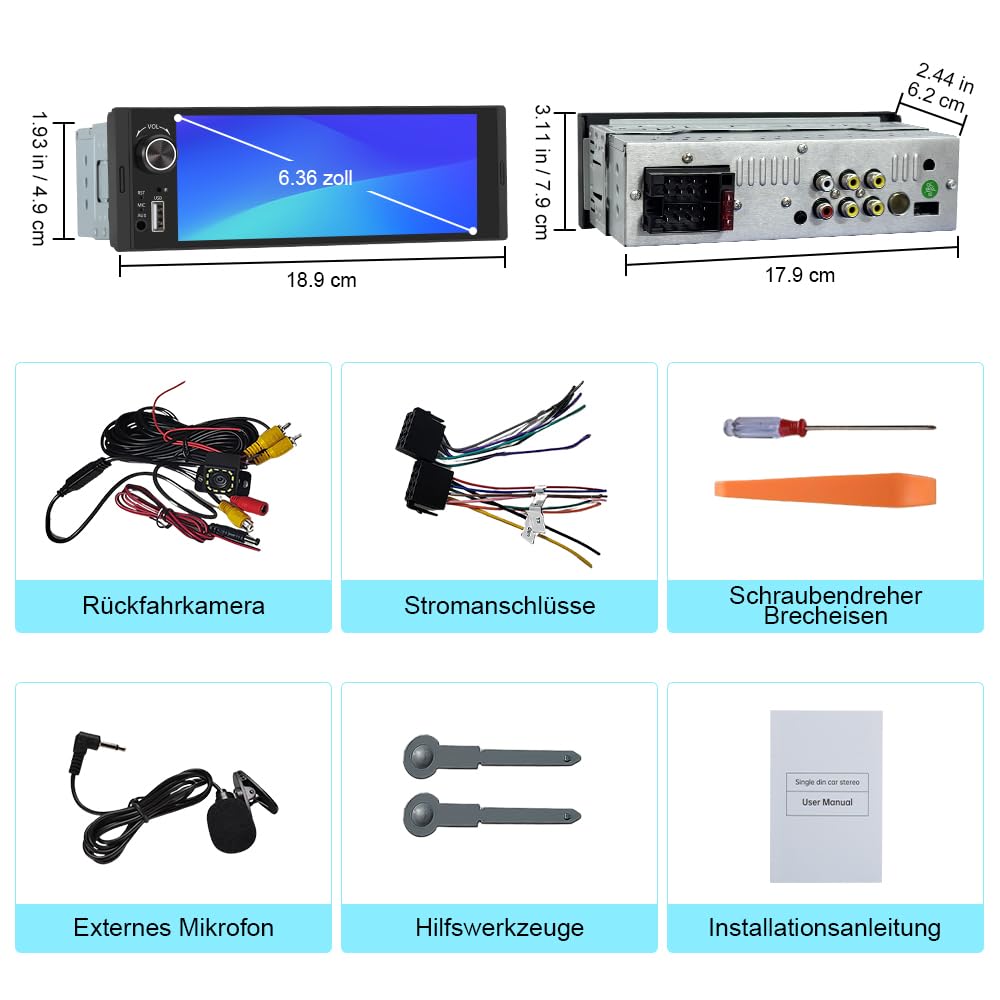 Junsun 1-DIN Autoradio mit 6,36 Zoll IPS-Touchscreen CarPlay & Android Auto, Lenkradsteuerung, Rückfahrkamera-Anschluss, USB, externes Mikrofon & RDS