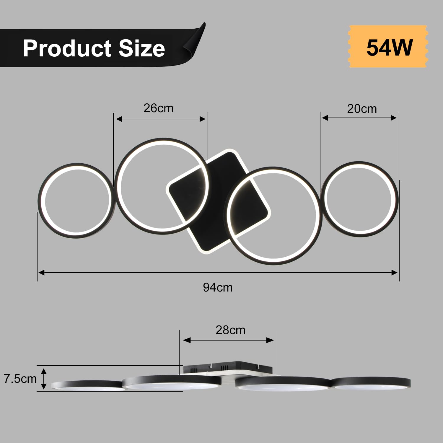 94cm LED Deckenlampe Dimmbar Wohnzimmer, 54W Deckenleuchte Schwarz | Wohnzimmerlampe mit Memory Funktion und Nachtlicht, Moderne 4 Ring deckenbeleuchtung mit Fernbedienung APP für Schlafzimmer